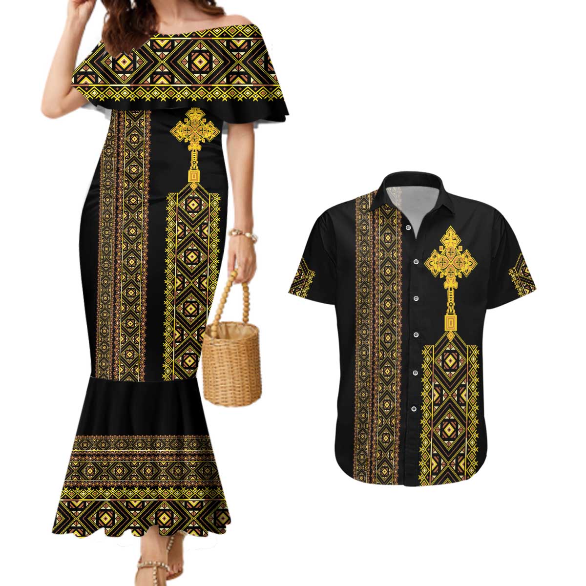 Habesha Motifs Ethiopia Couples Matching Mermaid Dress and Hawaiian Shirt Tilet Black Gold