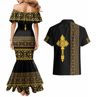 Habesha Motifs Ethiopia Couples Matching Mermaid Dress and Hawaiian Shirt Tilet Black Gold