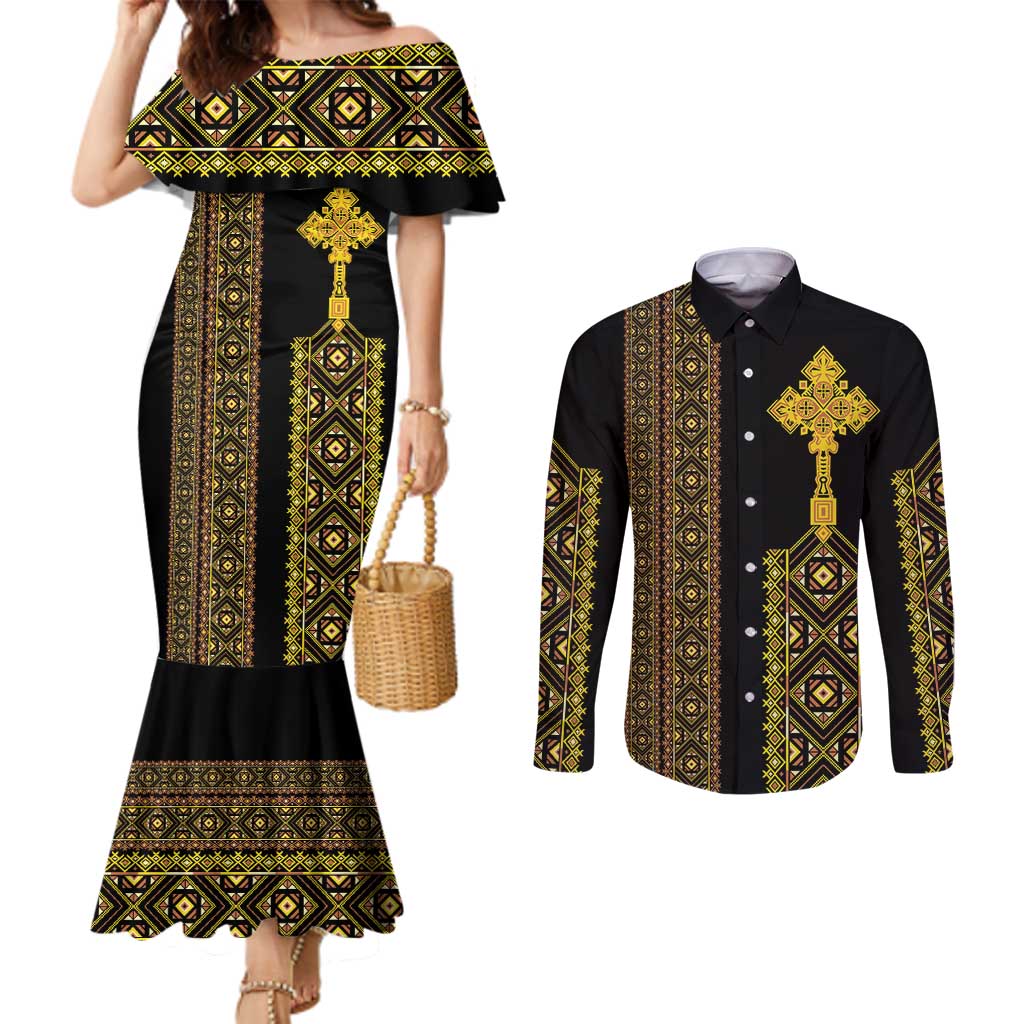 Habesha Motifs Ethiopia Couples Matching Mermaid Dress and Long Sleeve Button Shirt Tilet Black Gold