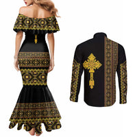 Habesha Motifs Ethiopia Couples Matching Mermaid Dress and Long Sleeve Button Shirt Tilet Black Gold