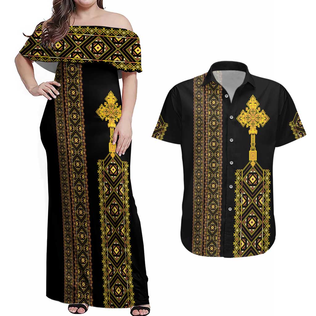 Habesha Motifs Ethiopia Couples Matching Off Shoulder Maxi Dress and Hawaiian Shirt Tilet Black Gold