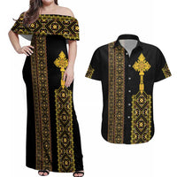 Habesha Motifs Ethiopia Couples Matching Off Shoulder Maxi Dress and Hawaiian Shirt Tilet Black Gold