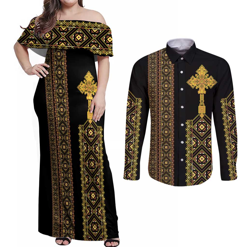 Habesha Motifs Ethiopia Couples Matching Off Shoulder Maxi Dress and Long Sleeve Button Shirt Tilet Black Gold