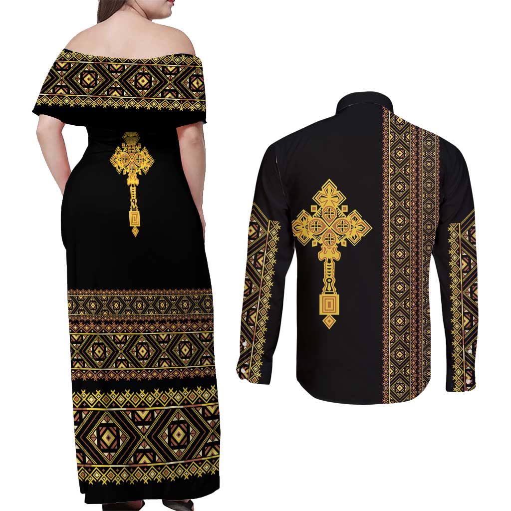 Habesha Motifs Ethiopia Couples Matching Off Shoulder Maxi Dress and Long Sleeve Button Shirt Tilet Black Gold
