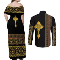 Habesha Motifs Ethiopia Couples Matching Off Shoulder Maxi Dress and Long Sleeve Button Shirt Tilet Black Gold