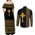 Habesha Motifs Ethiopia Couples Matching Off Shoulder Maxi Dress and Long Sleeve Button Shirt Tilet Black Gold