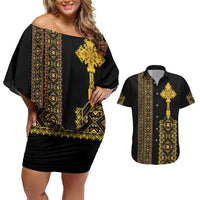 Habesha Motifs Ethiopia Couples Matching Off Shoulder Short Dress and Hawaiian Shirt Tilet Black Gold