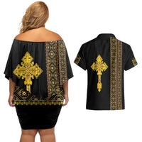 Habesha Motifs Ethiopia Couples Matching Off Shoulder Short Dress and Hawaiian Shirt Tilet Black Gold