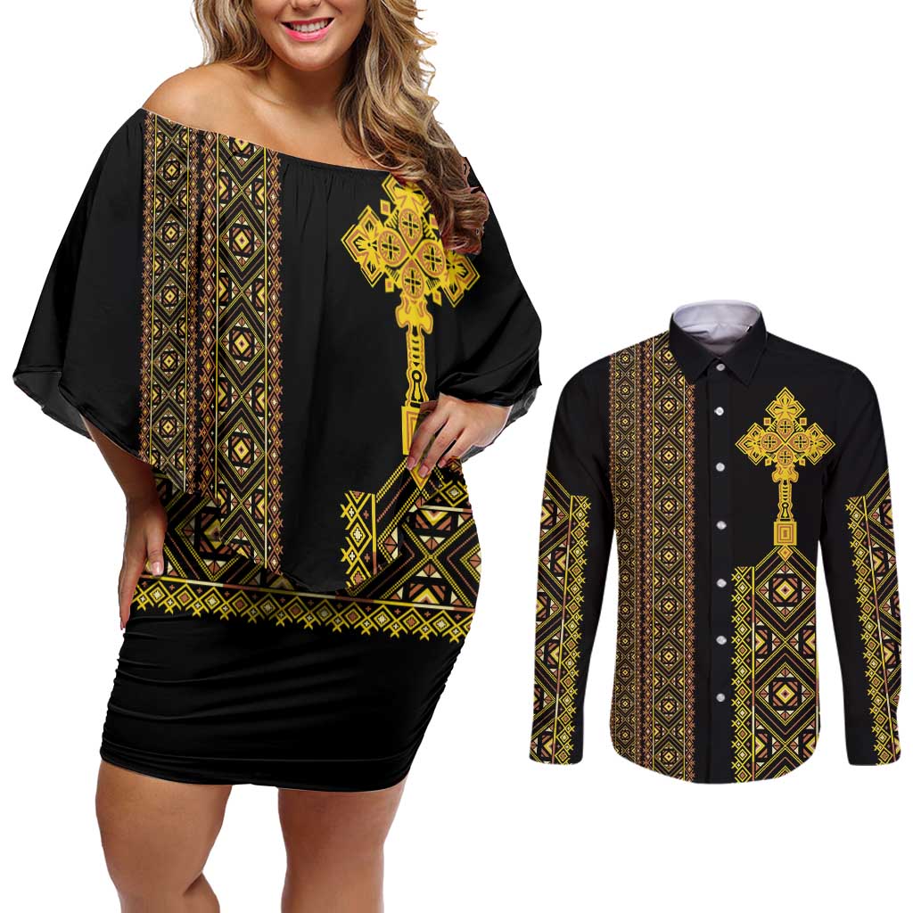 Habesha Motifs Ethiopia Couples Matching Off Shoulder Short Dress and Long Sleeve Button Shirt Tilet Black Gold