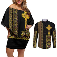 Habesha Motifs Ethiopia Couples Matching Off Shoulder Short Dress and Long Sleeve Button Shirt Tilet Black Gold