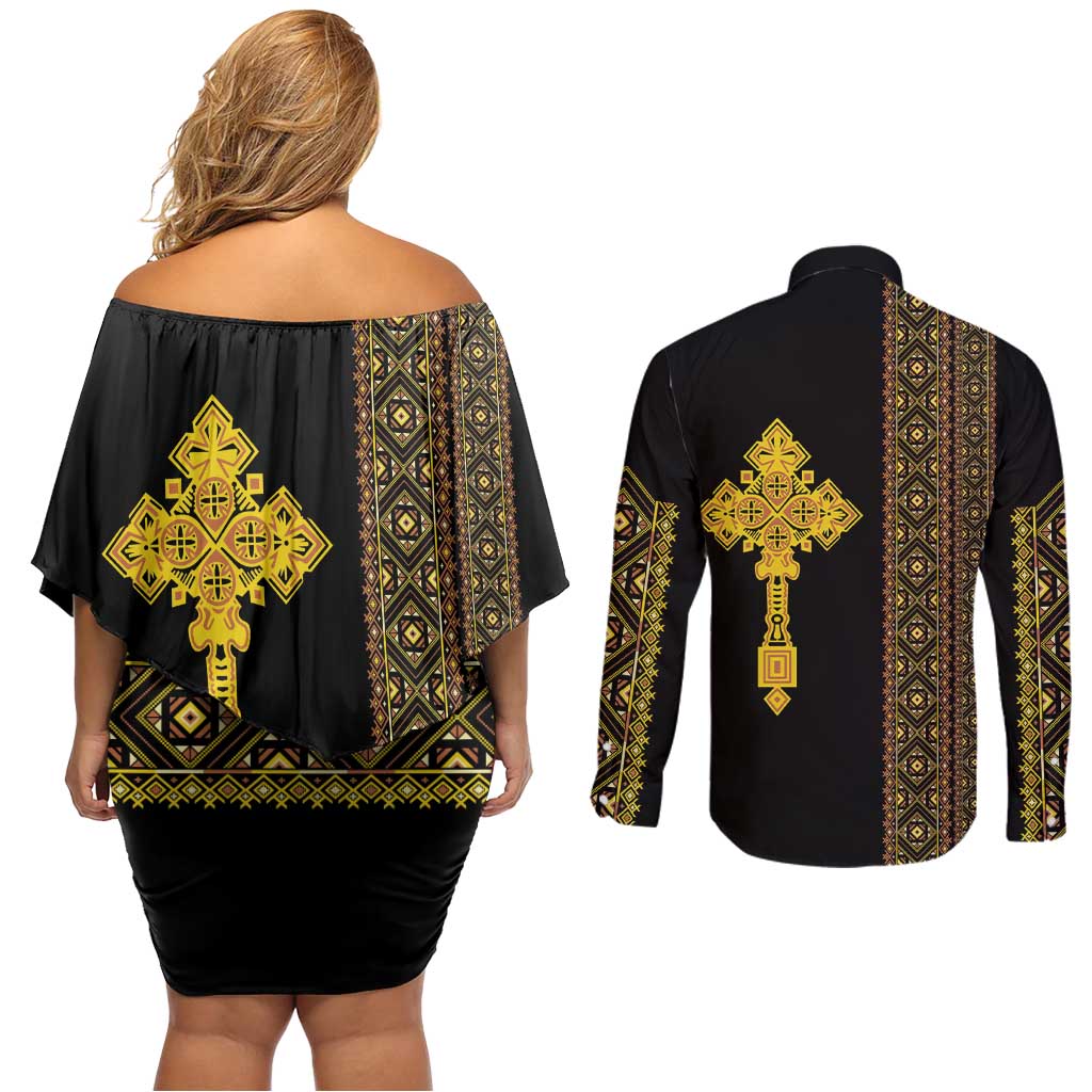 Habesha Motifs Ethiopia Couples Matching Off Shoulder Short Dress and Long Sleeve Button Shirt Tilet Black Gold