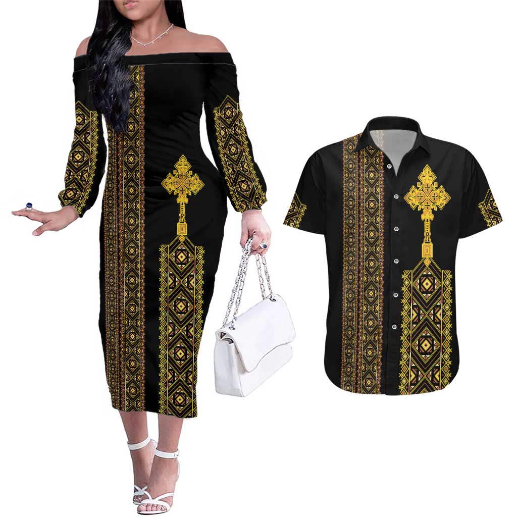 Habesha Motifs Ethiopia Couples Matching Off The Shoulder Long Sleeve Dress and Hawaiian Shirt Tilet Black Gold