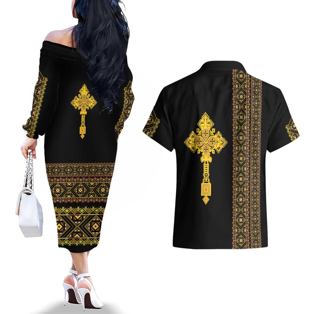 Habesha Motifs Ethiopia Couples Matching Off The Shoulder Long Sleeve Dress and Hawaiian Shirt Tilet Black Gold