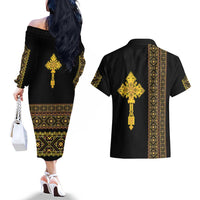 Habesha Motifs Ethiopia Couples Matching Off The Shoulder Long Sleeve Dress and Hawaiian Shirt Tilet Black Gold
