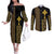 Habesha Motifs Ethiopia Couples Matching Off The Shoulder Long Sleeve Dress and Long Sleeve Button Shirt Tilet Black Gold