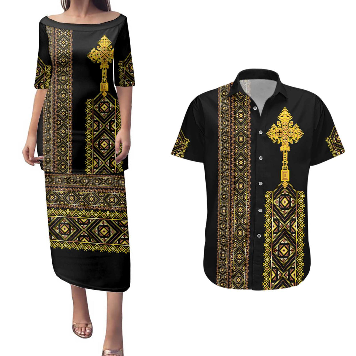 Habesha Motifs Ethiopia Couples Matching Puletasi and Hawaiian Shirt Tilet Black Gold