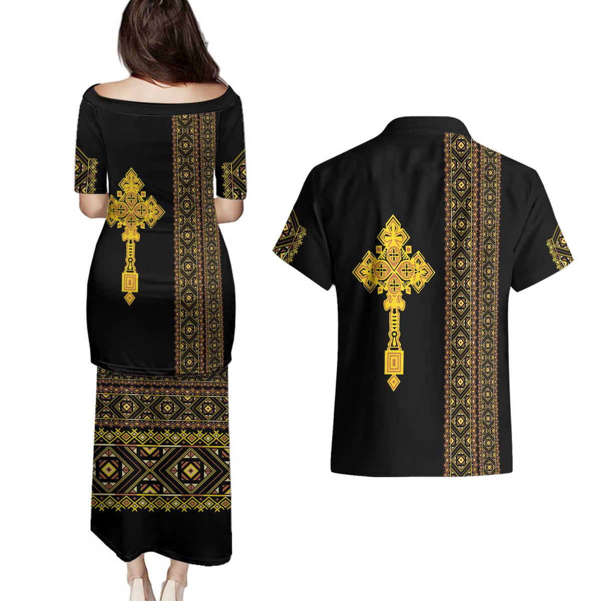 Habesha Motifs Ethiopia Couples Matching Puletasi and Hawaiian Shirt Tilet Black Gold