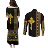 Habesha Motifs Ethiopia Couples Matching Puletasi and Long Sleeve Button Shirt Tilet Black Gold