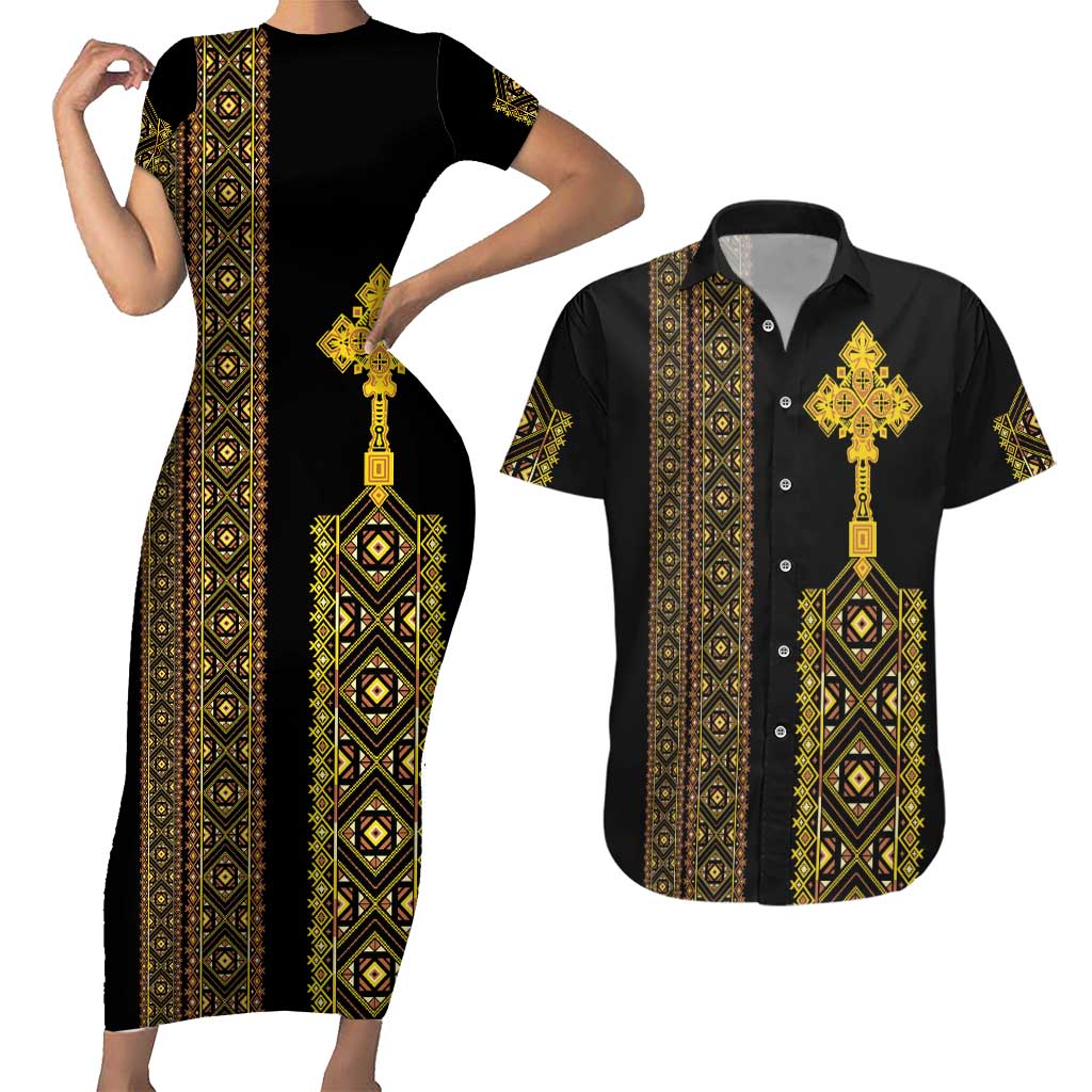 Habesha Motifs Ethiopia Couples Matching Short Sleeve Bodycon Dress and Hawaiian Shirt Tilet Black Gold