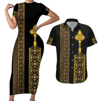 Habesha Motifs Ethiopia Couples Matching Short Sleeve Bodycon Dress and Hawaiian Shirt Tilet Black Gold