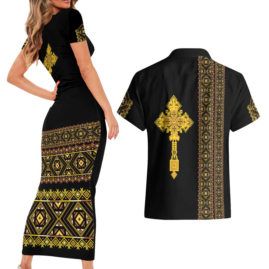 Habesha Motifs Ethiopia Couples Matching Short Sleeve Bodycon Dress and Hawaiian Shirt Tilet Black Gold