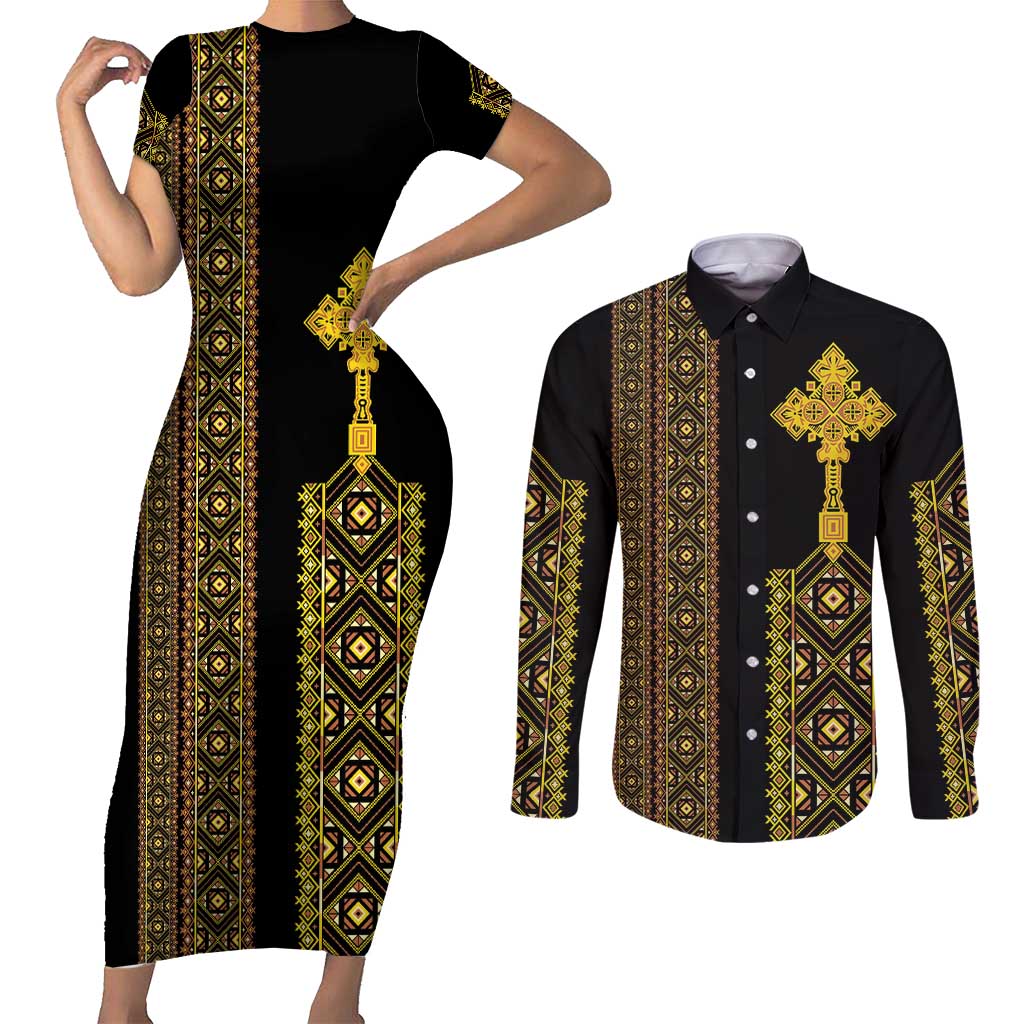 Habesha Motifs Ethiopia Couples Matching Short Sleeve Bodycon Dress and Long Sleeve Button Shirt Tilet Black Gold