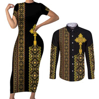 Habesha Motifs Ethiopia Couples Matching Short Sleeve Bodycon Dress and Long Sleeve Button Shirt Tilet Black Gold