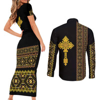 Habesha Motifs Ethiopia Couples Matching Short Sleeve Bodycon Dress and Long Sleeve Button Shirt Tilet Black Gold
