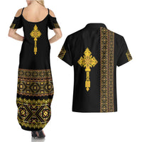 Habesha Motifs Ethiopia Couples Matching Summer Maxi Dress and Hawaiian Shirt Tilet Black Gold