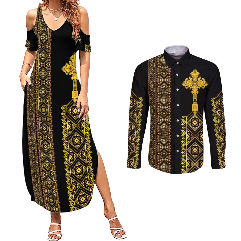 Habesha Motifs Ethiopia Couples Matching Summer Maxi Dress and Long Sleeve Button Shirt Tilet Black Gold