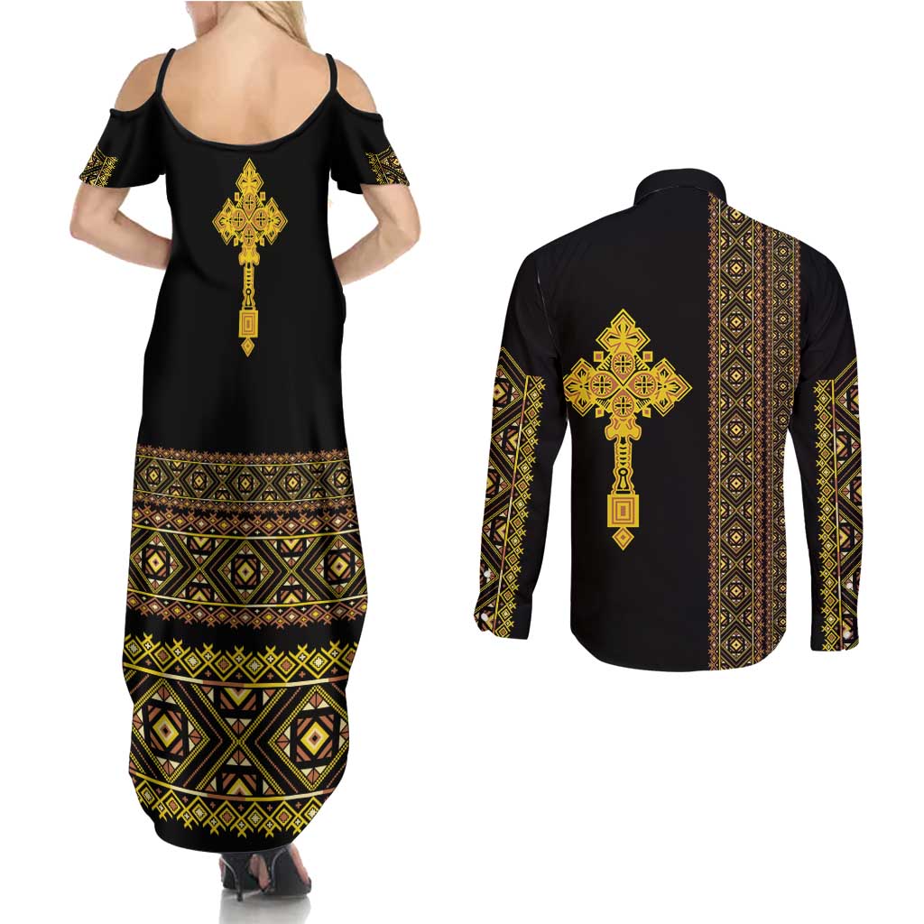 Habesha Motifs Ethiopia Couples Matching Summer Maxi Dress and Long Sleeve Button Shirt Tilet Black Gold