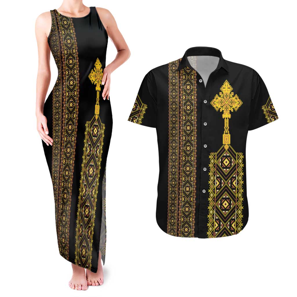 Habesha Motifs Ethiopia Couples Matching Tank Maxi Dress and Hawaiian Shirt Tilet Black Gold