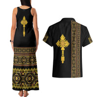 Habesha Motifs Ethiopia Couples Matching Tank Maxi Dress and Hawaiian Shirt Tilet Black Gold