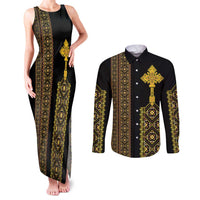 Habesha Motifs Ethiopia Couples Matching Tank Maxi Dress and Long Sleeve Button Shirt Tilet Black Gold