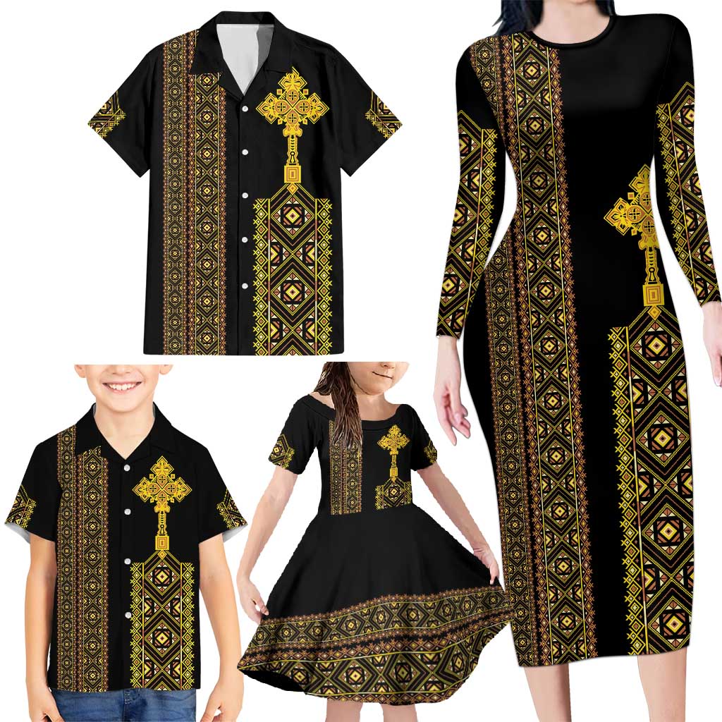 Habesha Motifs Ethiopia Family Matching Long Sleeve Bodycon Dress and Hawaiian Shirt Tilet Black Gold