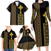 Habesha Motifs Ethiopia Family Matching Long Sleeve Bodycon Dress and Hawaiian Shirt Tilet Black Gold