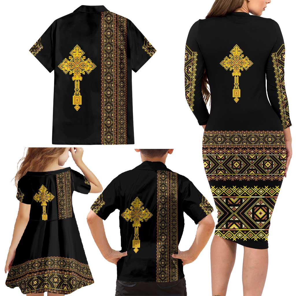 Habesha Motifs Ethiopia Family Matching Long Sleeve Bodycon Dress and Hawaiian Shirt Tilet Black Gold