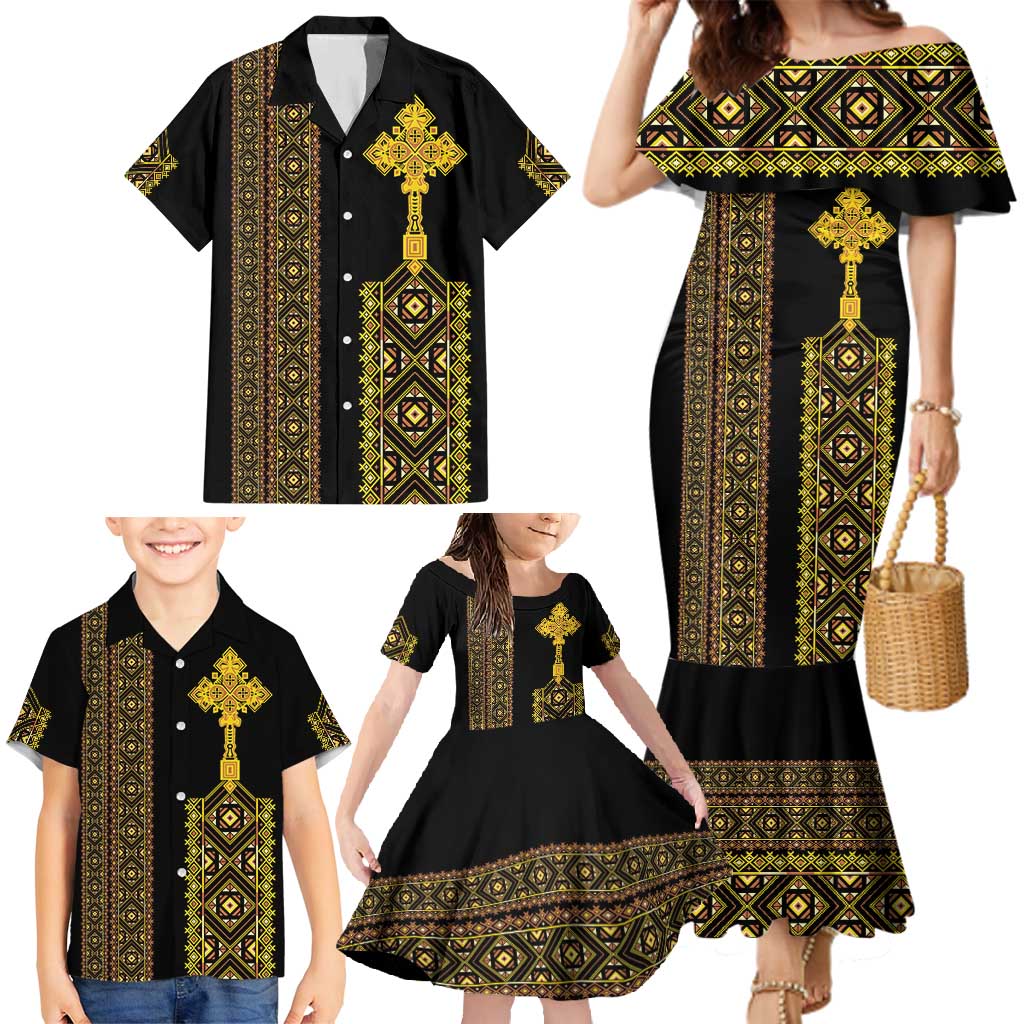 Habesha Motifs Ethiopia Family Matching Mermaid Dress and Hawaiian Shirt Tilet Black Gold