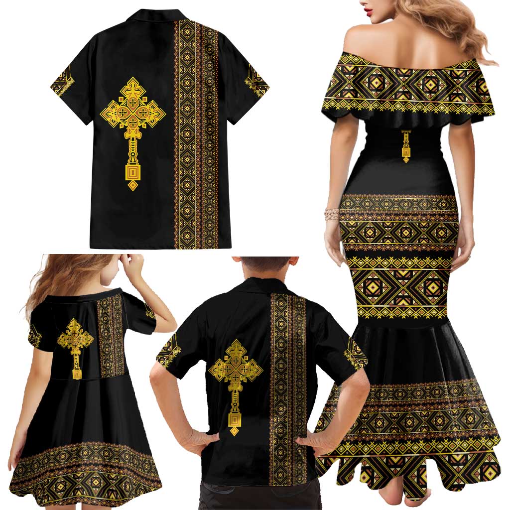 Habesha Motifs Ethiopia Family Matching Mermaid Dress and Hawaiian Shirt Tilet Black Gold