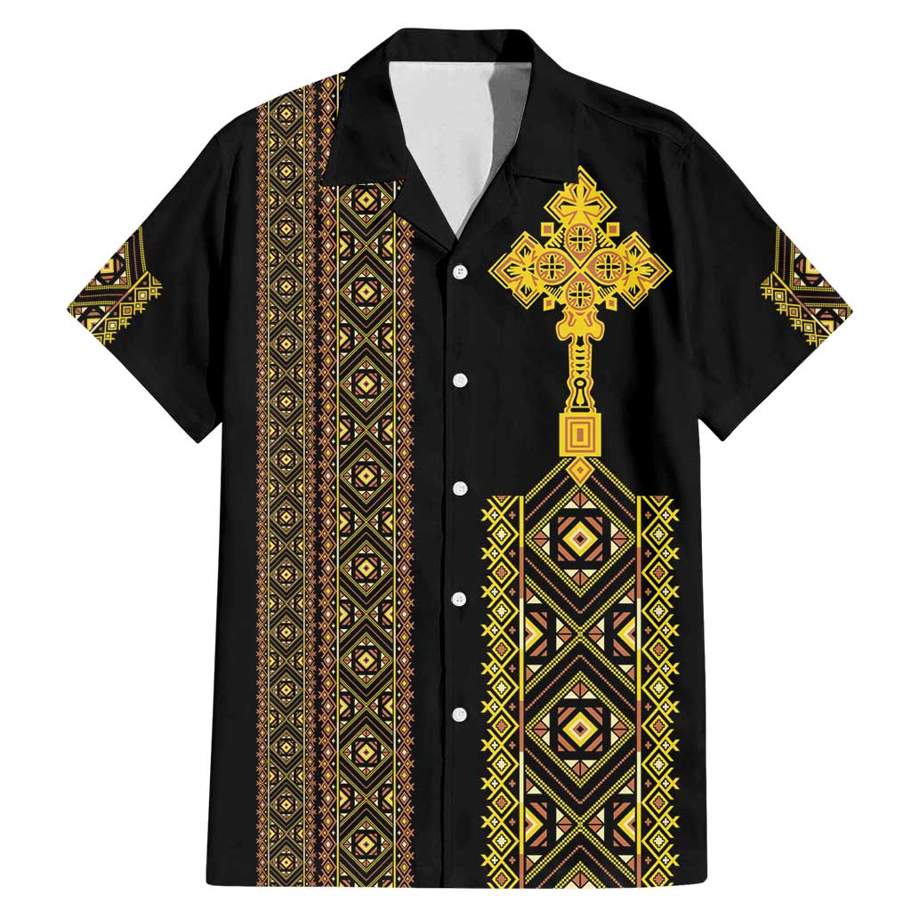 Habesha Motifs Ethiopia Family Matching Mermaid Dress and Hawaiian Shirt Tilet Black Gold
