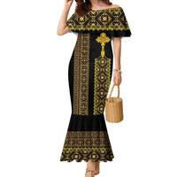 Habesha Motifs Ethiopia Family Matching Mermaid Dress and Hawaiian Shirt Tilet Black Gold