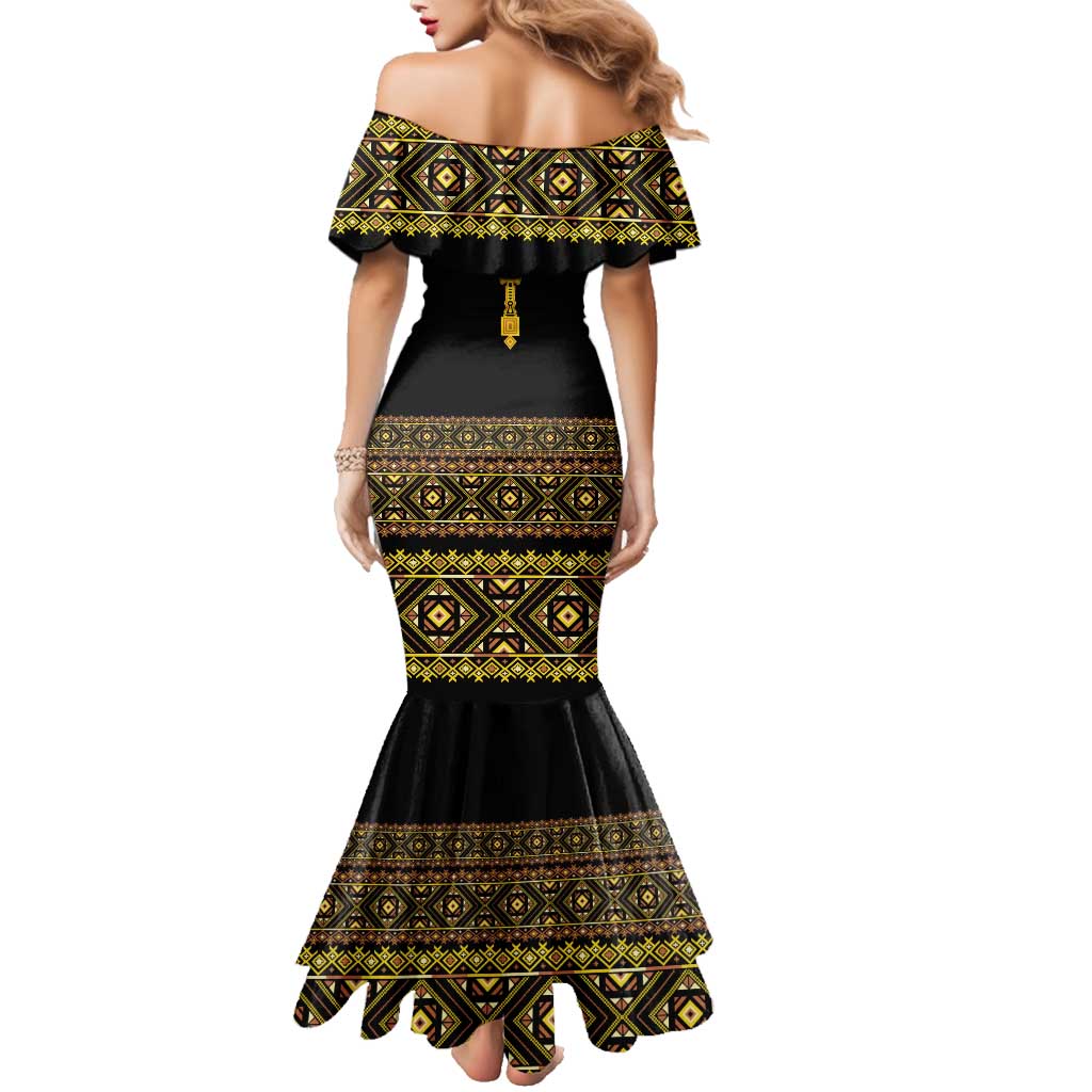 Habesha Motifs Ethiopia Family Matching Mermaid Dress and Hawaiian Shirt Tilet Black Gold