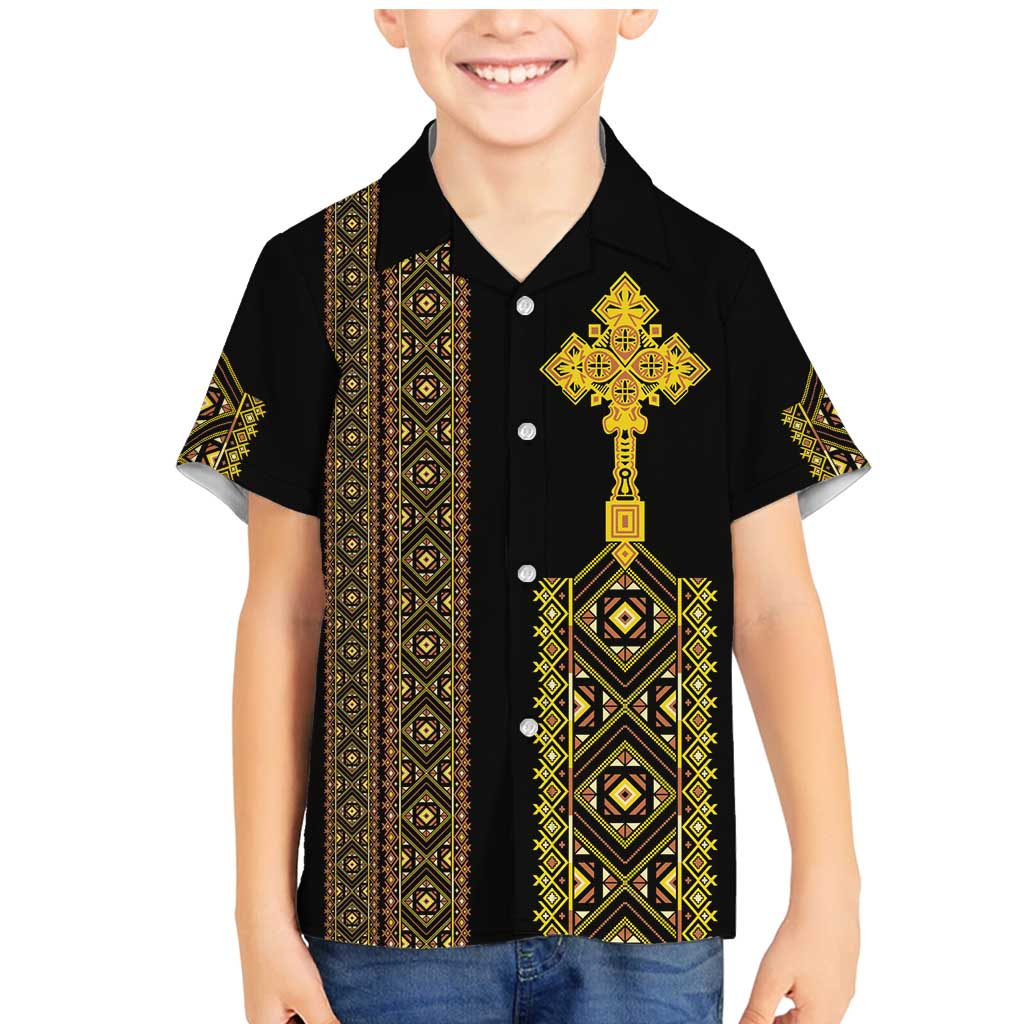 Habesha Motifs Ethiopia Family Matching Mermaid Dress and Hawaiian Shirt Tilet Black Gold
