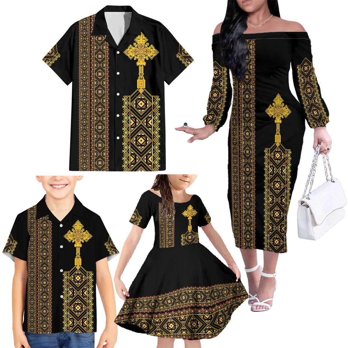 Habesha Motifs Ethiopia Family Matching Off The Shoulder Long Sleeve Dress and Hawaiian Shirt Tilet Black Gold