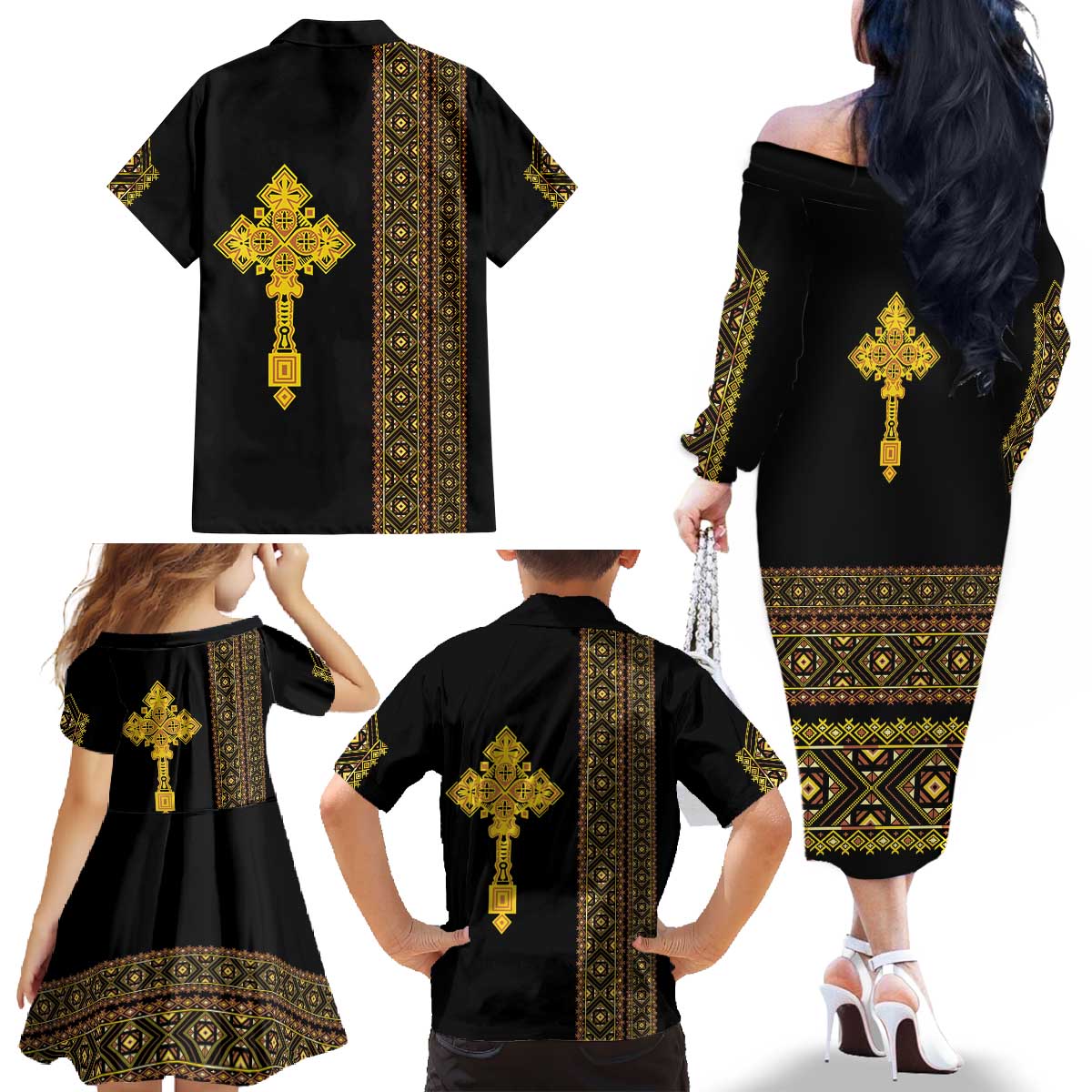 Habesha Motifs Ethiopia Family Matching Off The Shoulder Long Sleeve Dress and Hawaiian Shirt Tilet Black Gold