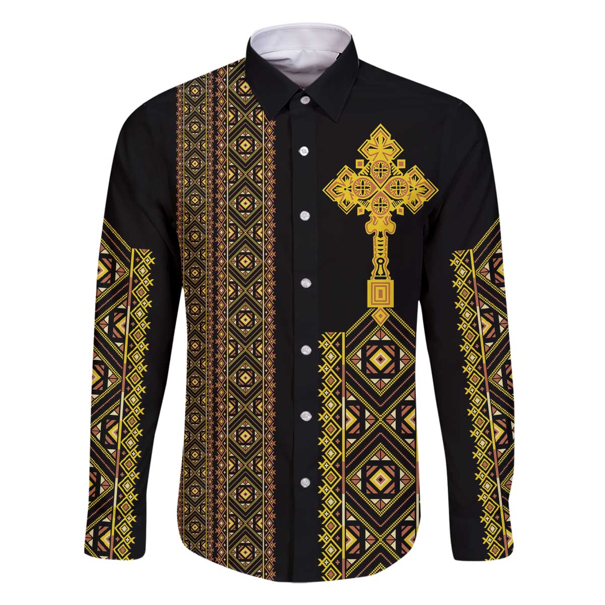 Habesha Motifs Ethiopia Family Matching Off The Shoulder Long Sleeve Dress and Hawaiian Shirt Tilet Black Gold