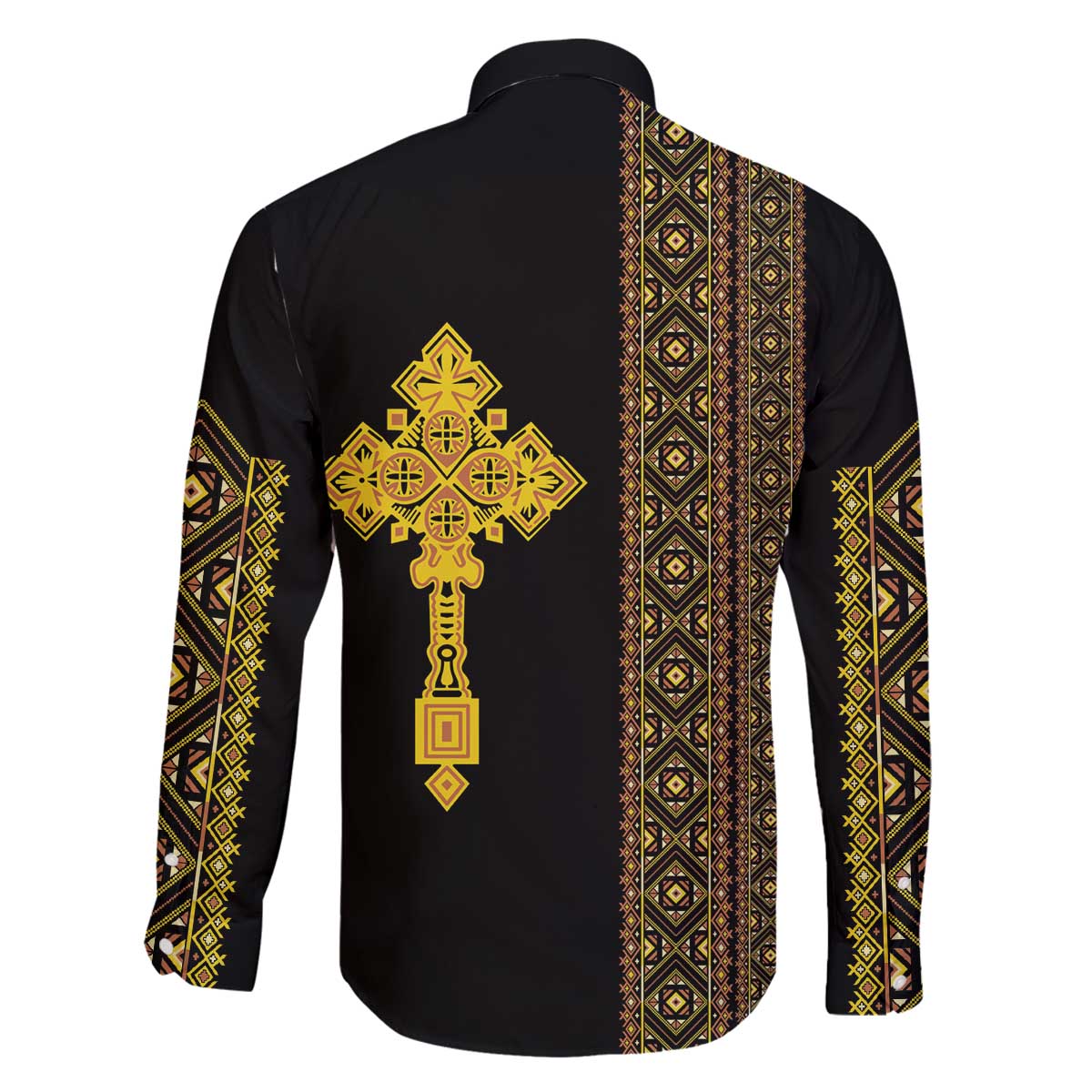 Habesha Motifs Ethiopia Family Matching Off The Shoulder Long Sleeve Dress and Hawaiian Shirt Tilet Black Gold