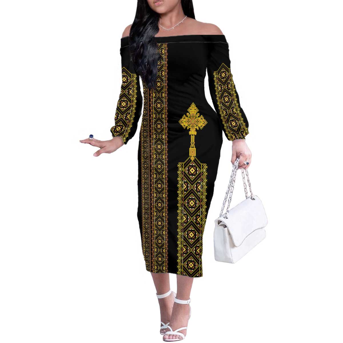 Habesha Motifs Ethiopia Family Matching Off The Shoulder Long Sleeve Dress and Hawaiian Shirt Tilet Black Gold
