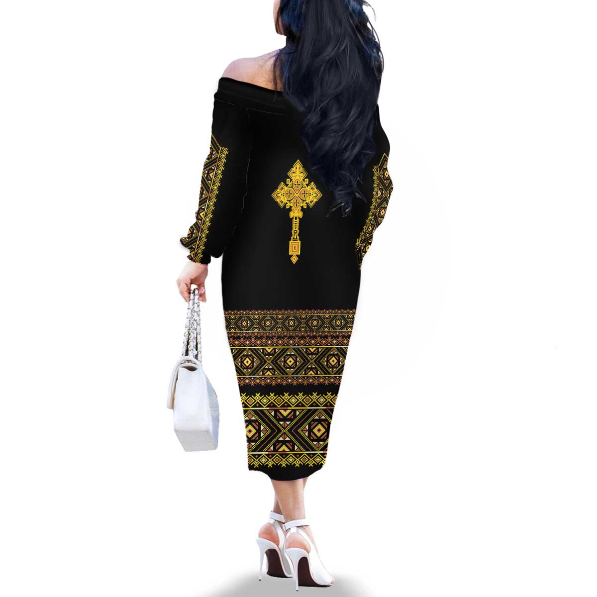 Habesha Motifs Ethiopia Family Matching Off The Shoulder Long Sleeve Dress and Hawaiian Shirt Tilet Black Gold