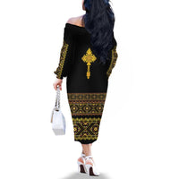 Habesha Motifs Ethiopia Family Matching Off The Shoulder Long Sleeve Dress and Hawaiian Shirt Tilet Black Gold